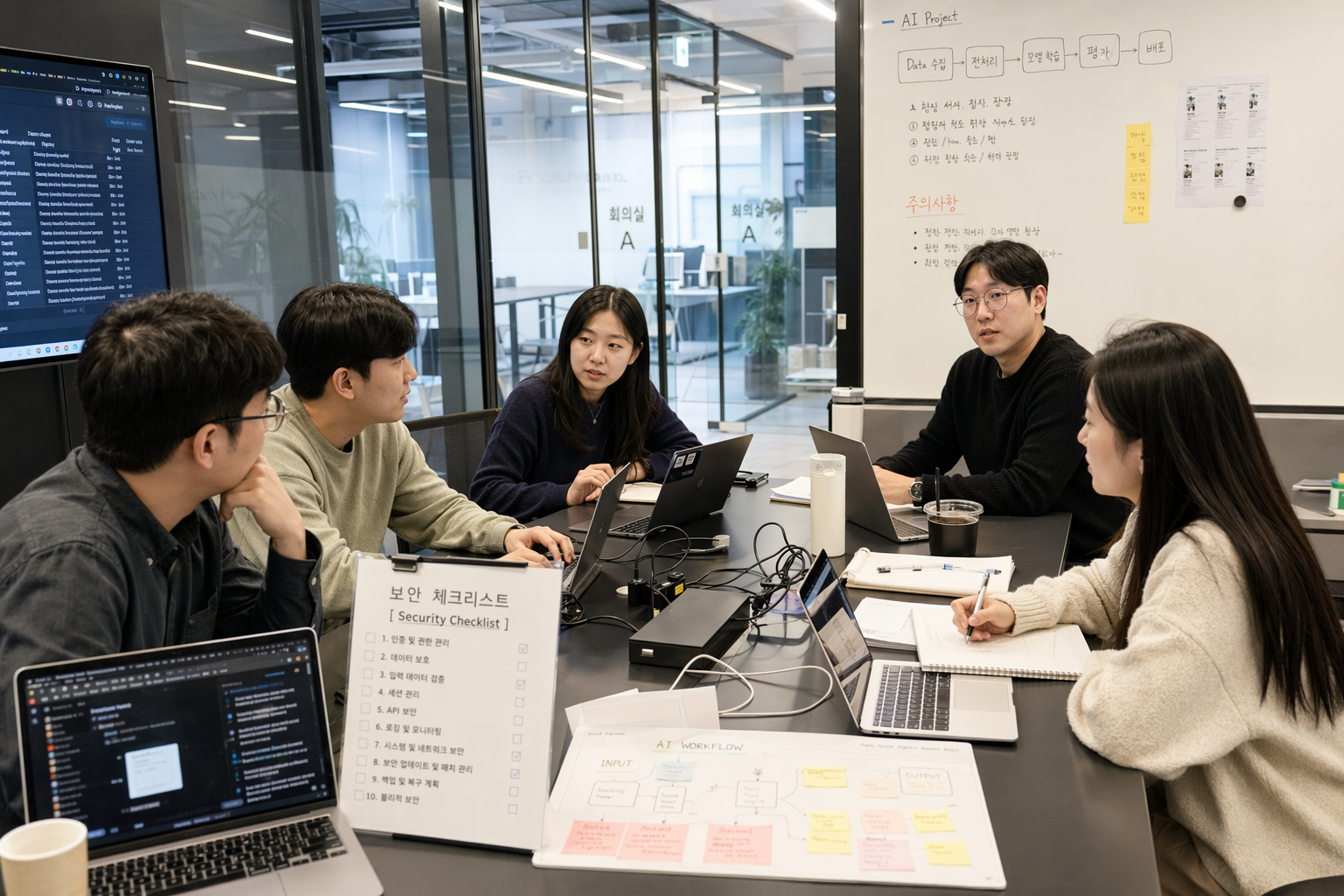 보안 체크리스트와 AI 사용 가이드가 보이는 사무실 회의 테이블