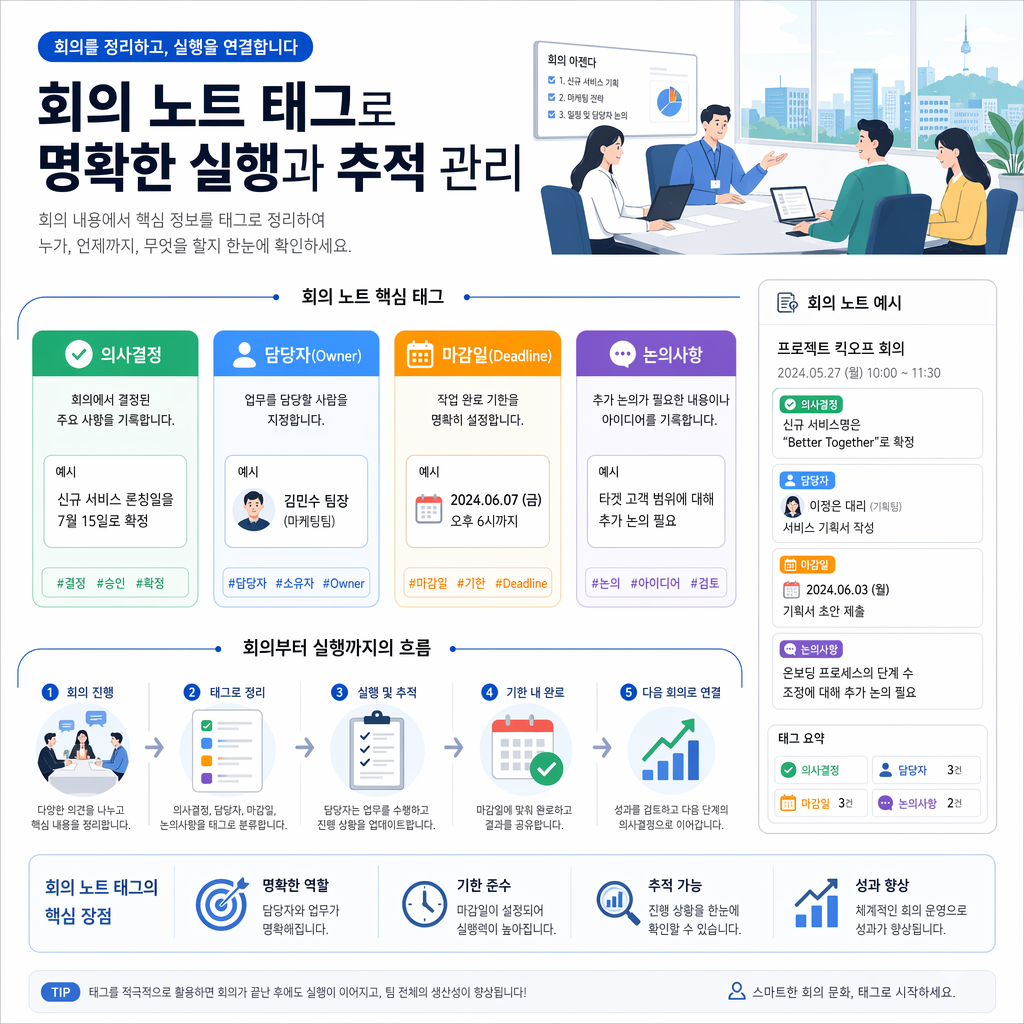 결정 담당 기한이 색상으로 구분된 회의 메모 인포그래픽