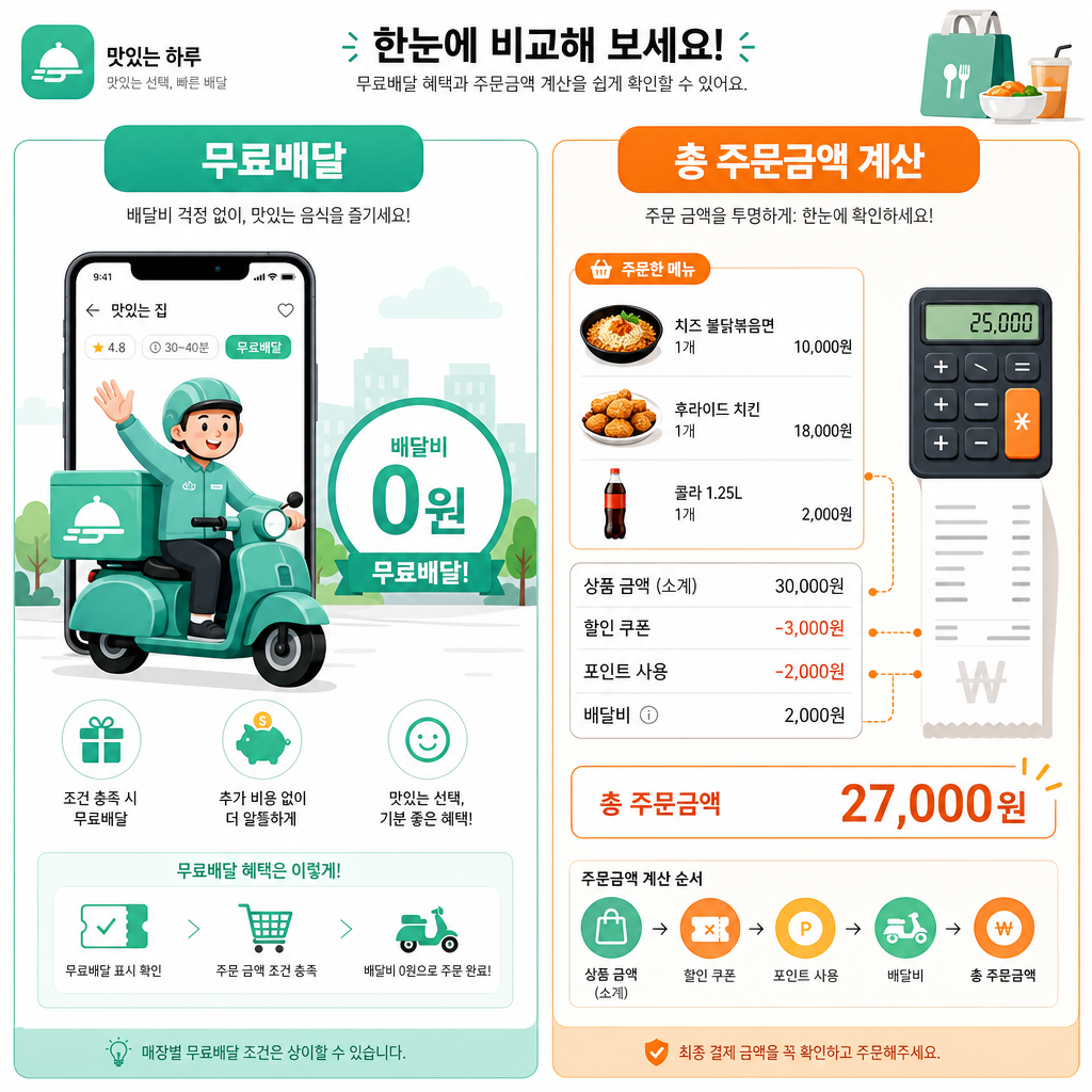 무료배달 문구와 실제 주문금액을 함께 계산하는 인포그래픽 스타일 이미지