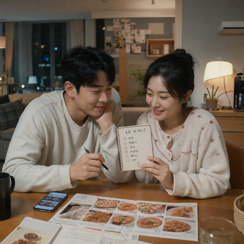 퇴근 후 식탁에서 주문 전 체크리스트를 보는 부부의 모습