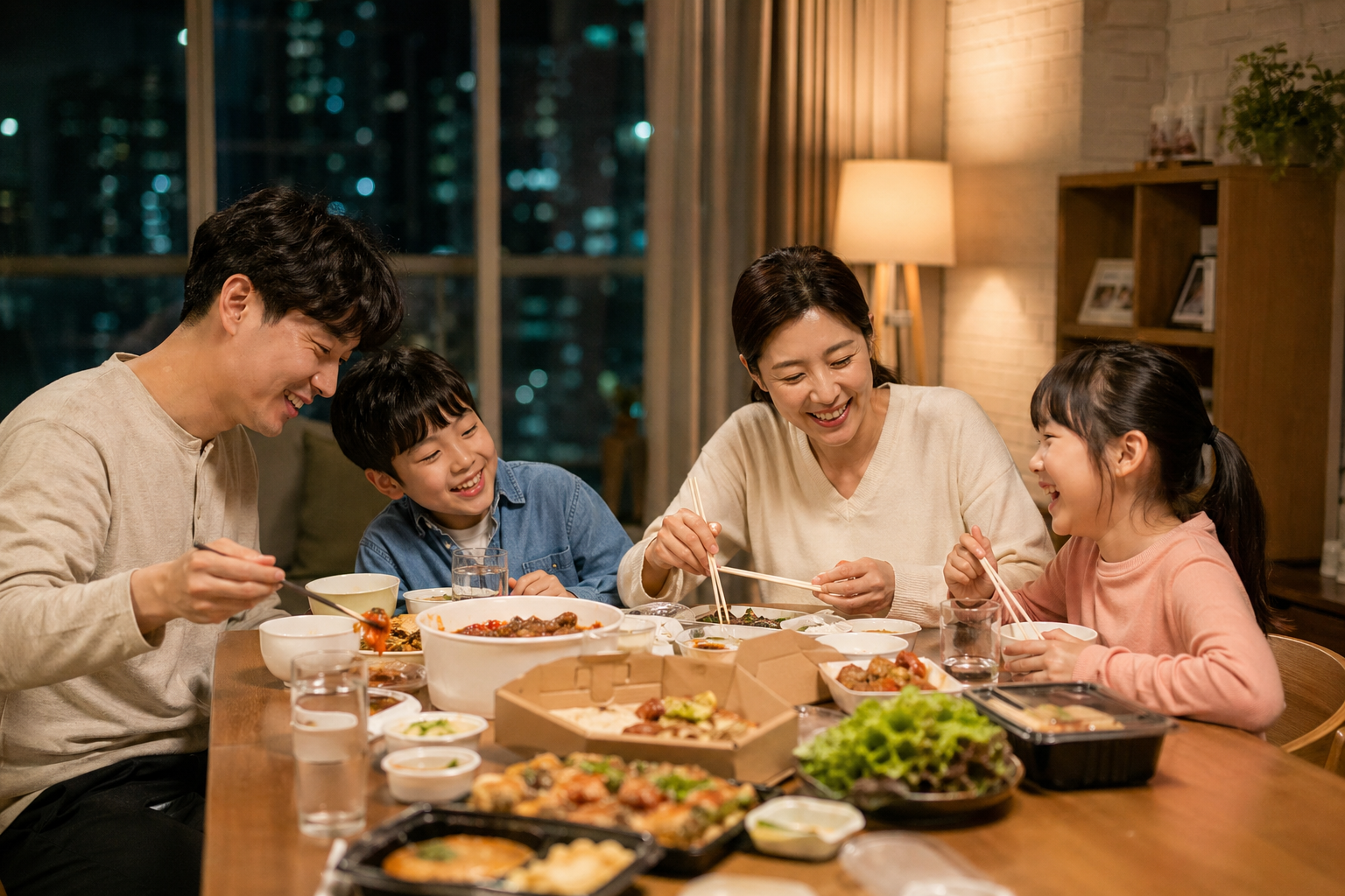 최종 결제액 비교 후 가장 합리적인 선택을 하는 만족스러운 저녁 식탁 장면