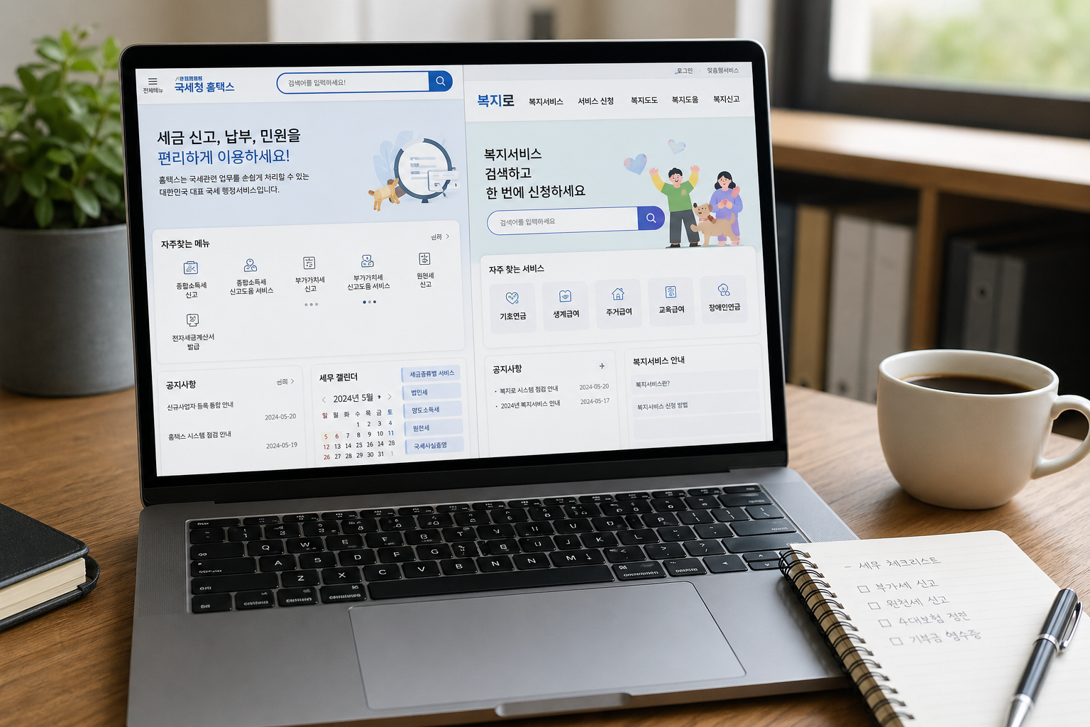정부24, 국세청, 복지로 사이트를 노트북에서 확인하는 장면