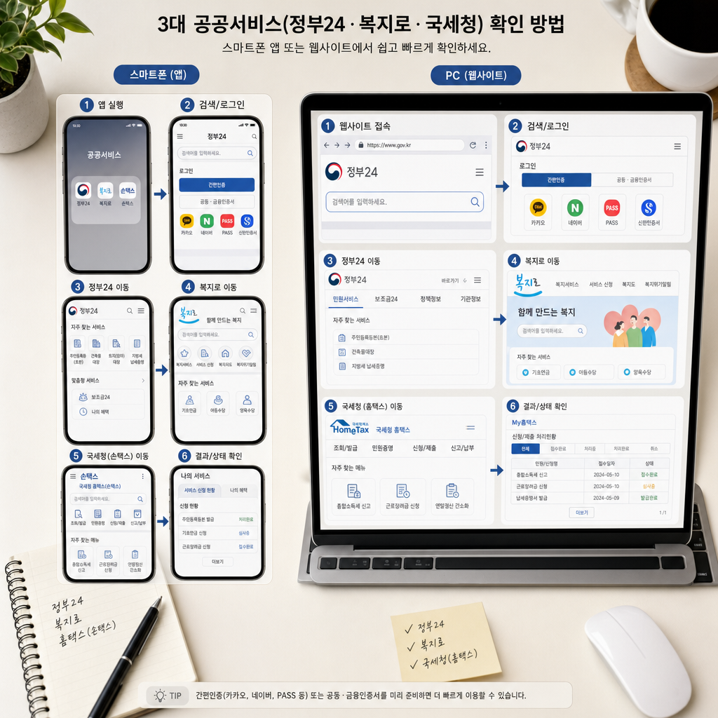 복지 신청 절차를 휴대폰 메모로 정리하는 과정 이미지