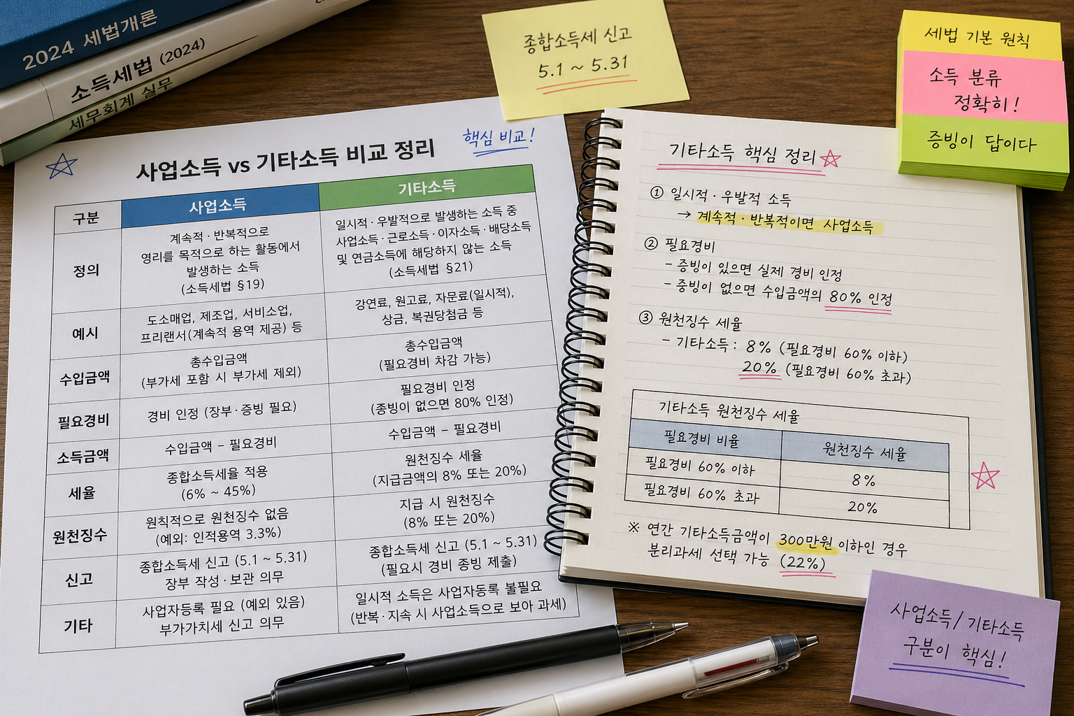 사업소득과 기타소득을 메모로 비교하는 책상 장면