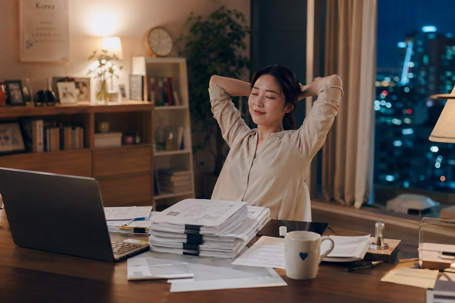 정리된 세금 서류와 한숨 돌리는 직장인의 저녁 풍경