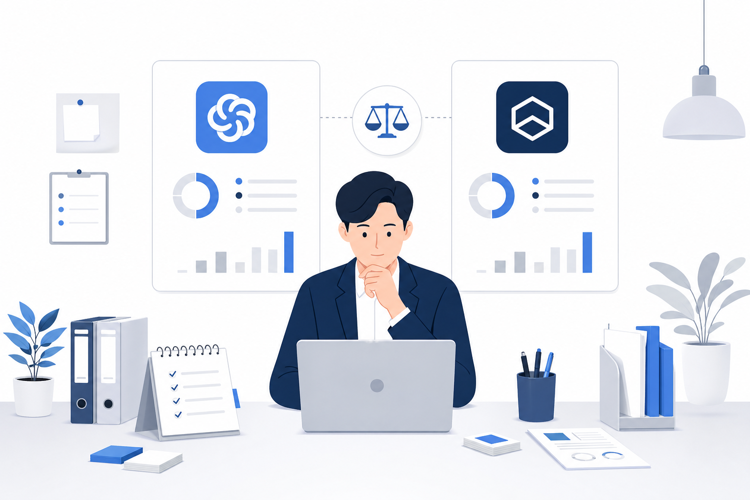 노트북 화면에 Claude와 ChatGPT를 비교하며 업무하는 직장인