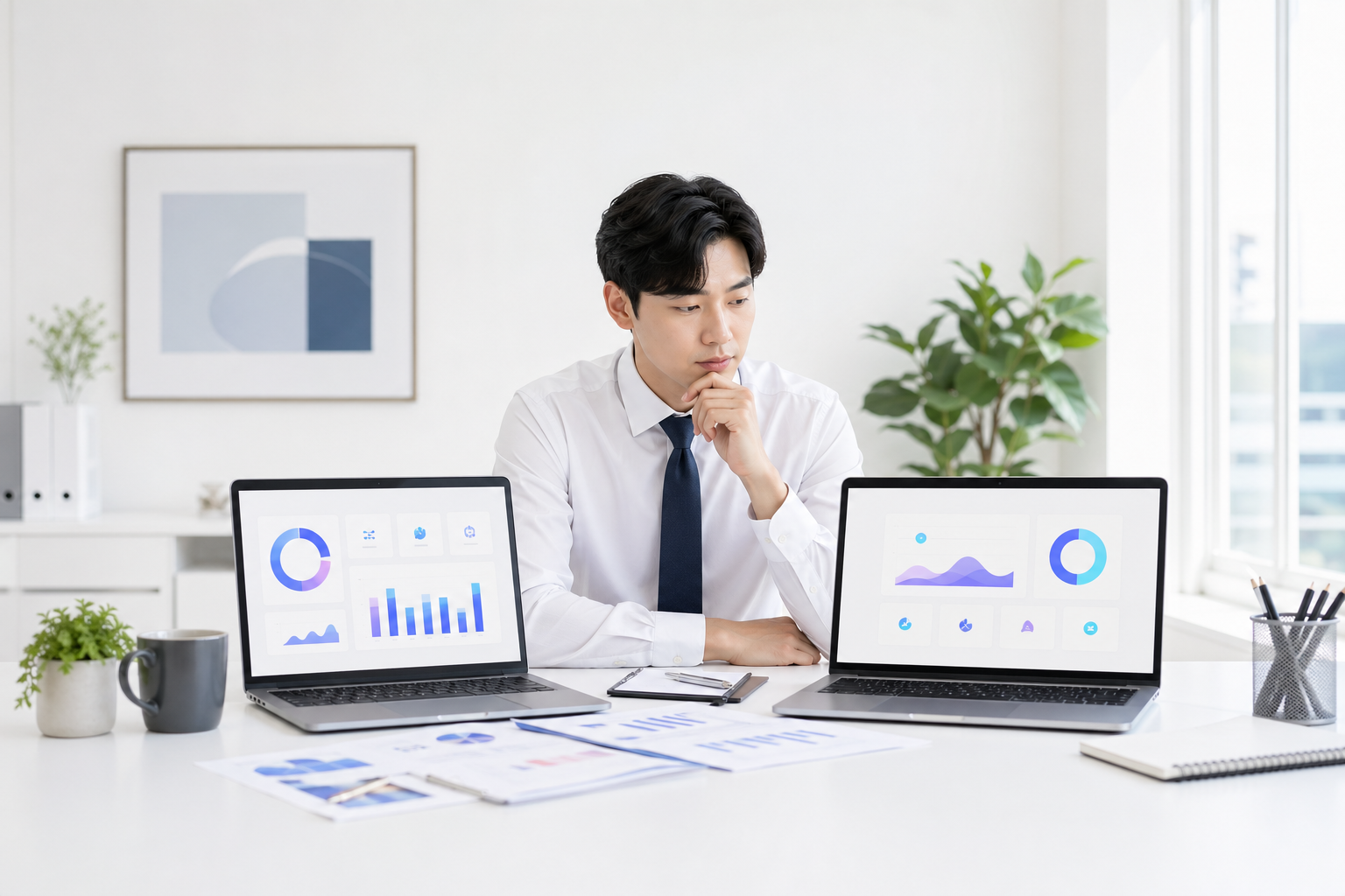 두 AI 도구의 특징을 비교하는 미니멀한 데스크 환경