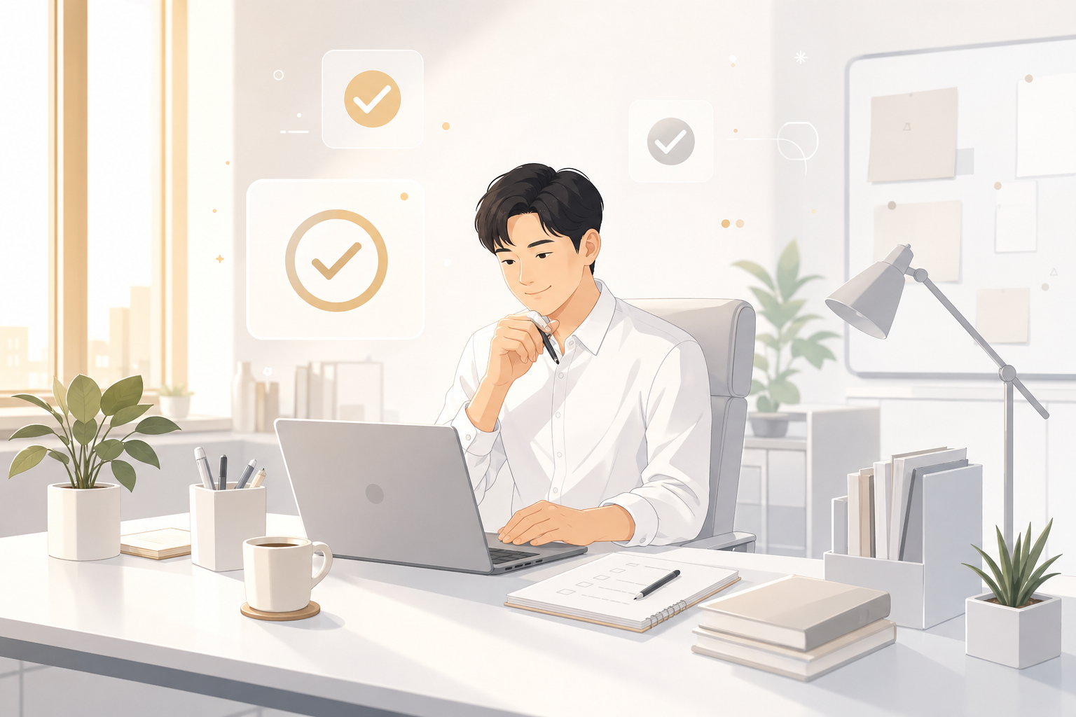 퇴근 전 책상에서 AI 도구 선택을 마무리하는 직장인