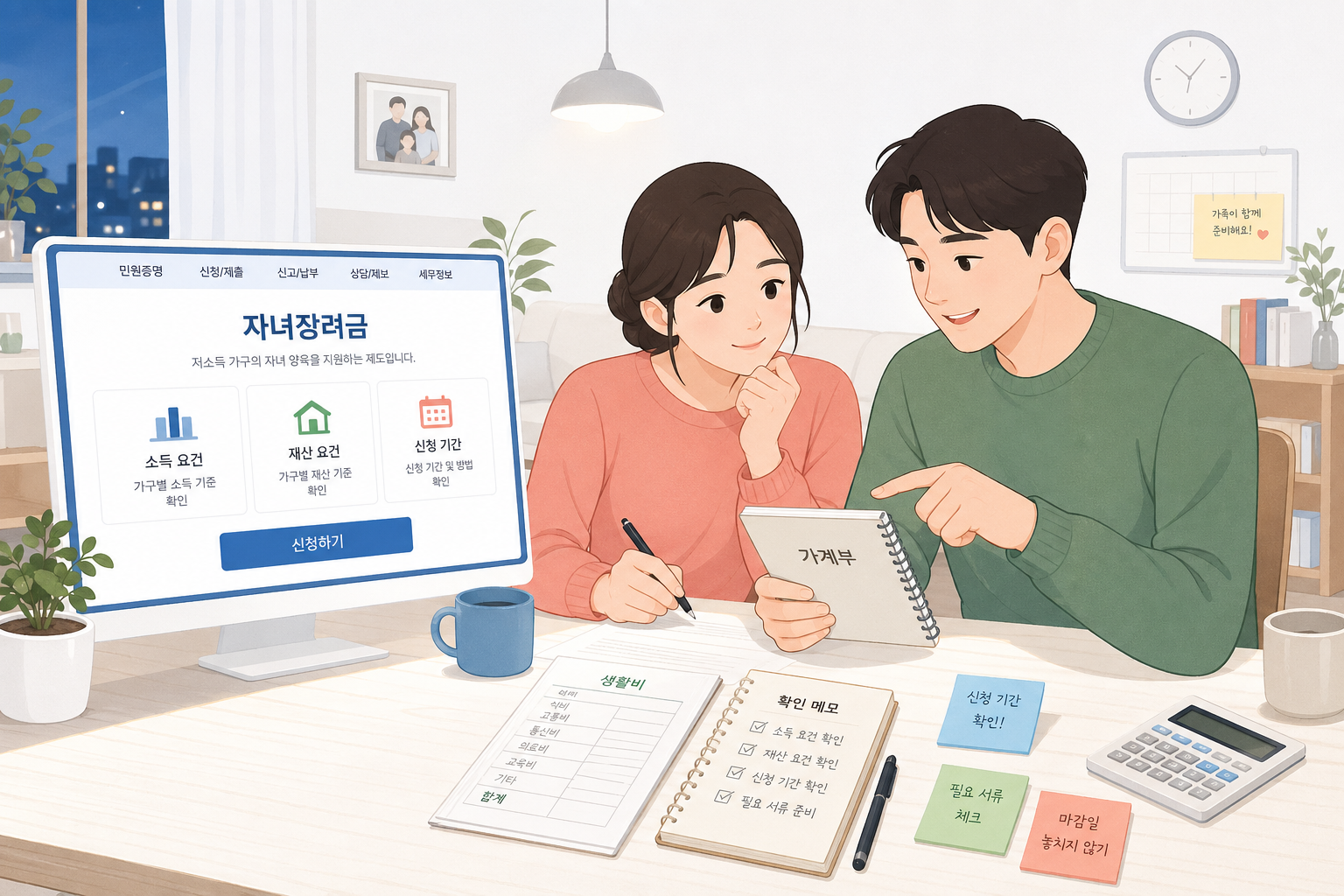 자녀장려금 신청 전 소득과 재산 요건을 확인하는 가족 이미지