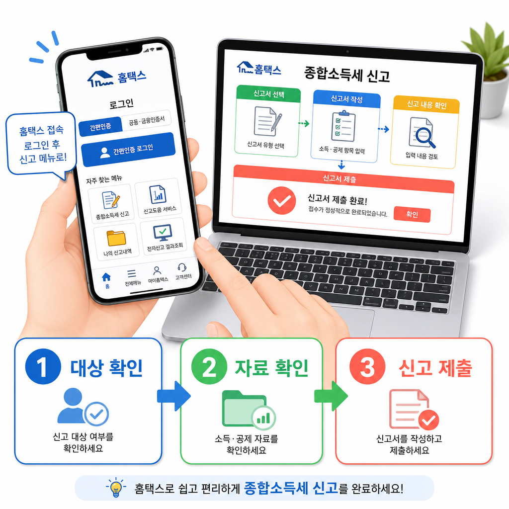 종합소득세 신고 대상 확인과 홈택스 신고 순서 이미지