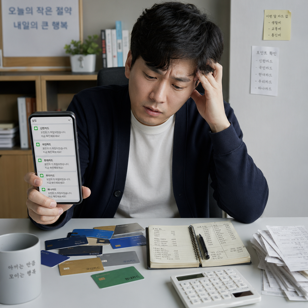 자잘한 포인트가 여러 카드에 흩어져 답답한 느낌의 생활 장면