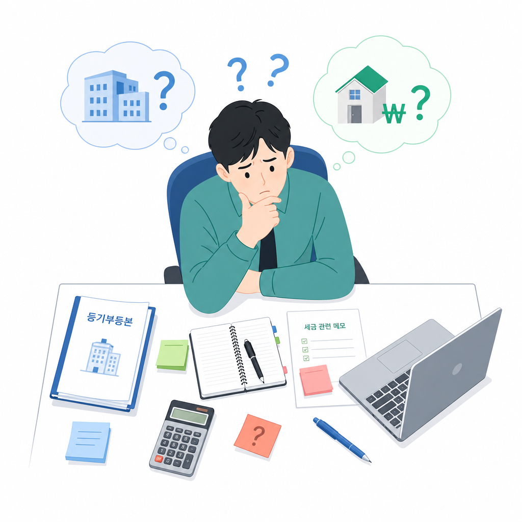 공시가격 조회 전 서류와 노트북을 보는 문제 공감 일러스트