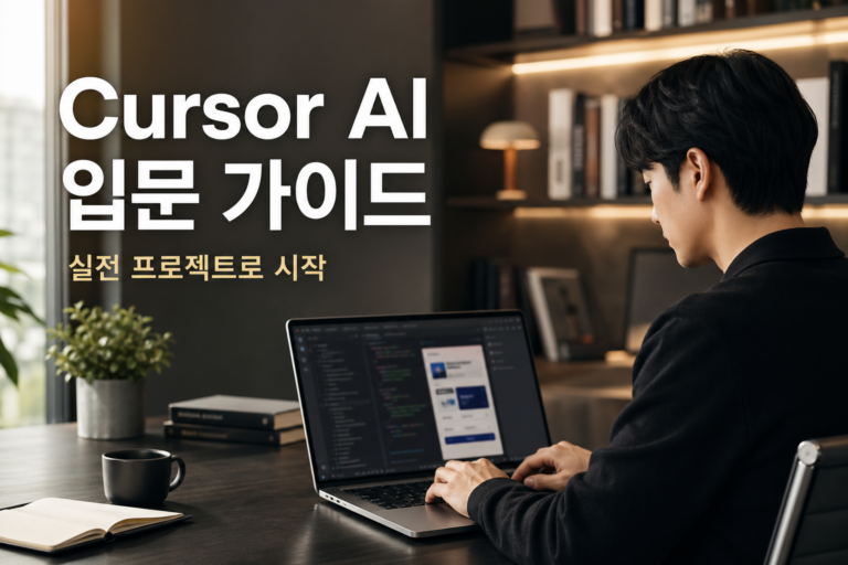 노트북 화면에 Cursor AI와 간단한 웹앱 코드가 함께 보이는 작업 장면