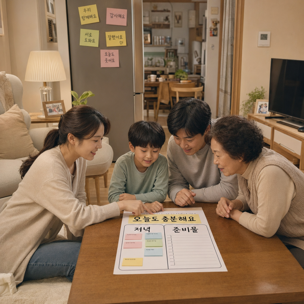아시아 맞벌이 가족이 거실에서 저녁 루틴을 함께 맞추는 장면