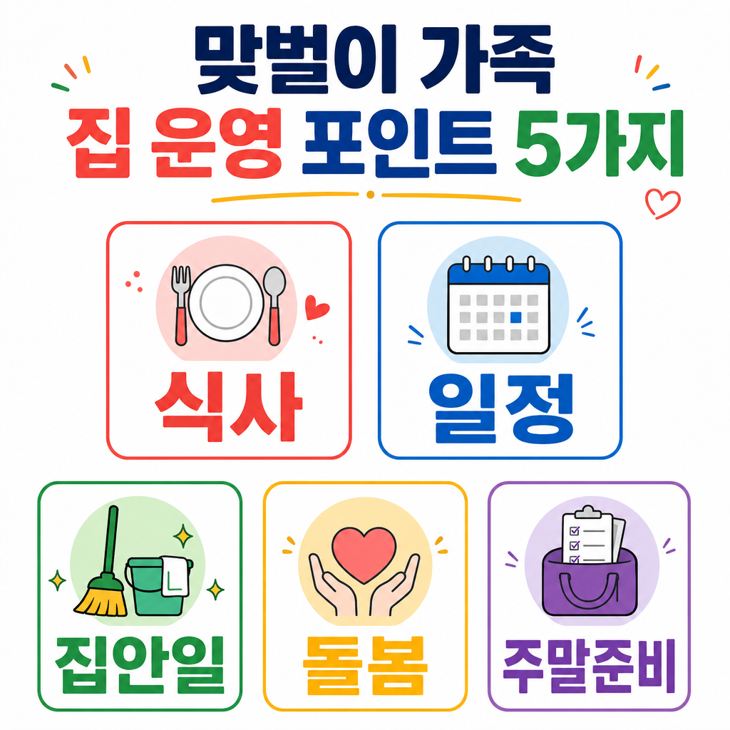 맞벌이 가족 집 운영 포인트를 정리한 컬러 인포그래픽