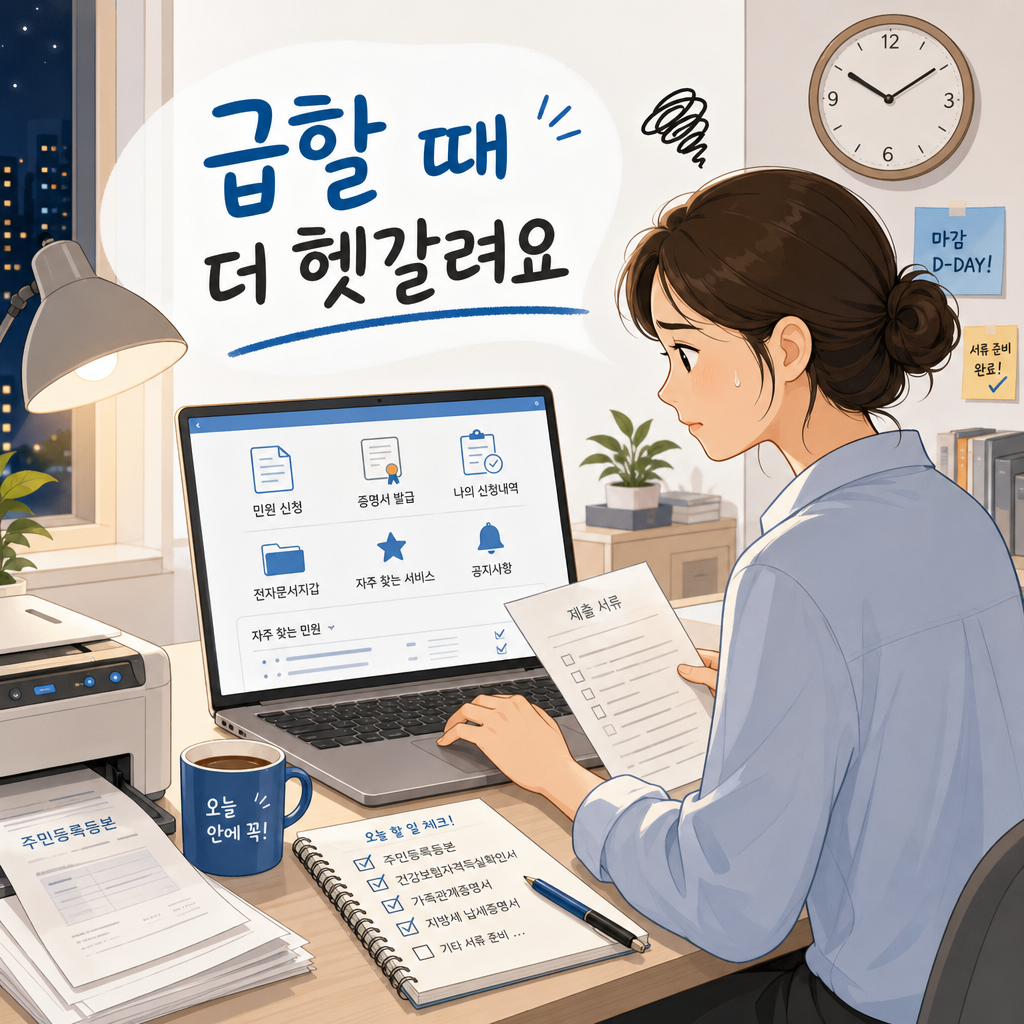 주민등록등본 발급 시 자주 막히는 사례를 보여주는 이미지