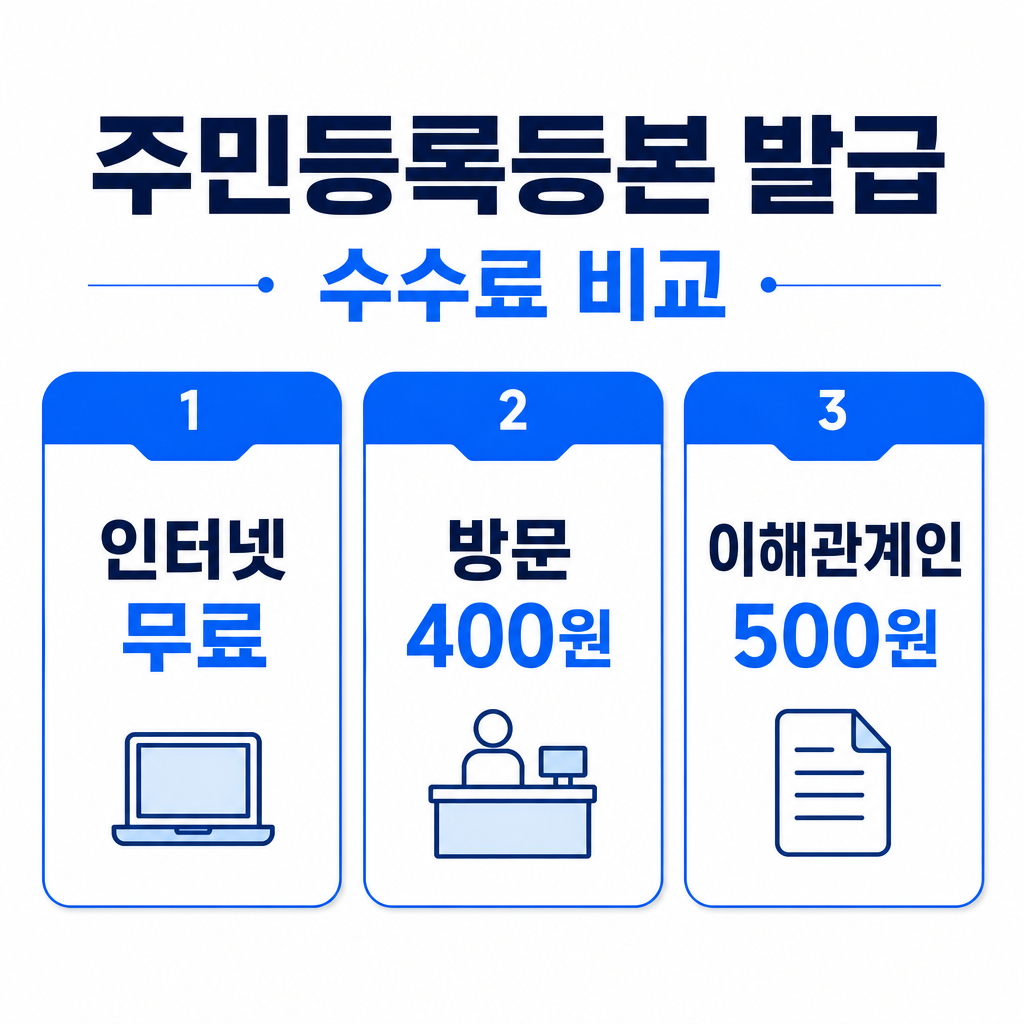 주민등록등본 발급 수수료와 신청 방법 비교 인포그래픽