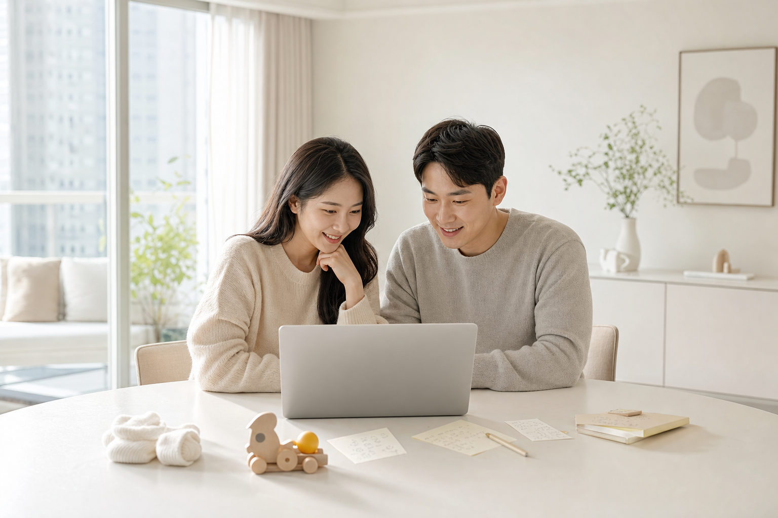 육아 지원 페이지를 비교하는 부모의 책상 장면