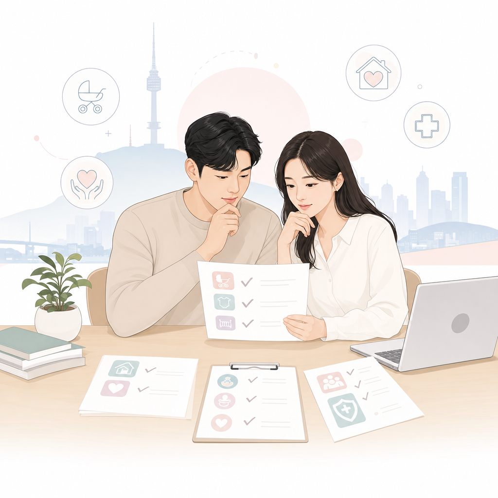 서울 출산 지원 정보를 확인하는 부부 일러스트