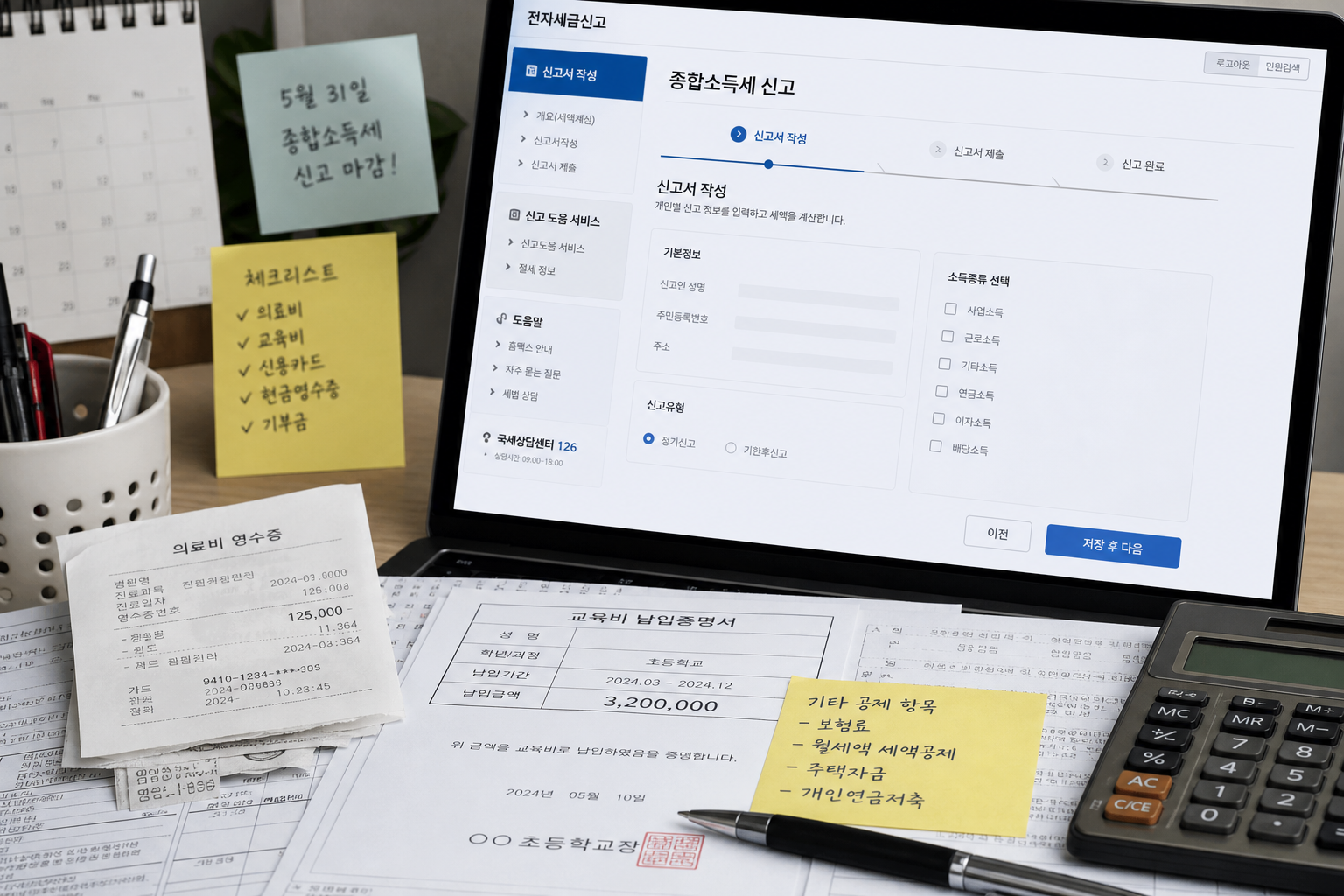 부부가 가계부 앱과 홈택스 화면을 함께 보며 부양가족 공제 배치를 메모하는 모습