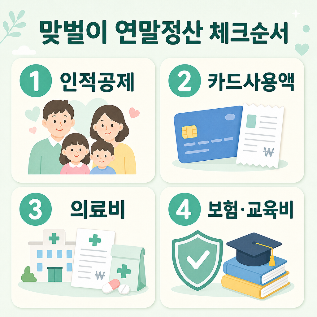 파스텔 배경, 둥근 패널 4개, 짧은 한글 제목 ‘기본공제·카드·의료비·교육비’, 번호 배지, 가독성 높은 한국어 텍스트, 영문과 워터마크 없음, 맞벌이 연말정산 비교 인포그래픽