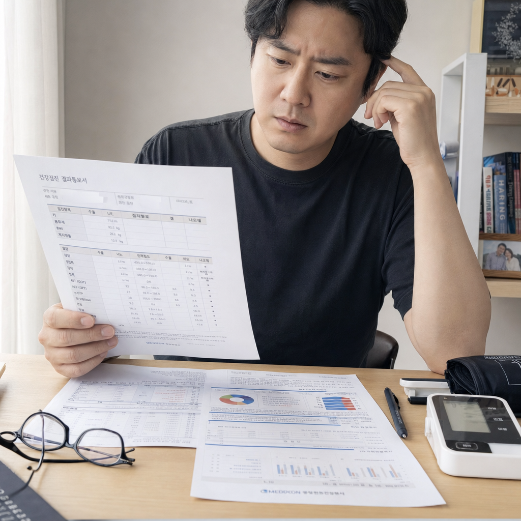 결과표를 보고 혈압과 혈당 수치에 표시해두는 손 클로즈업