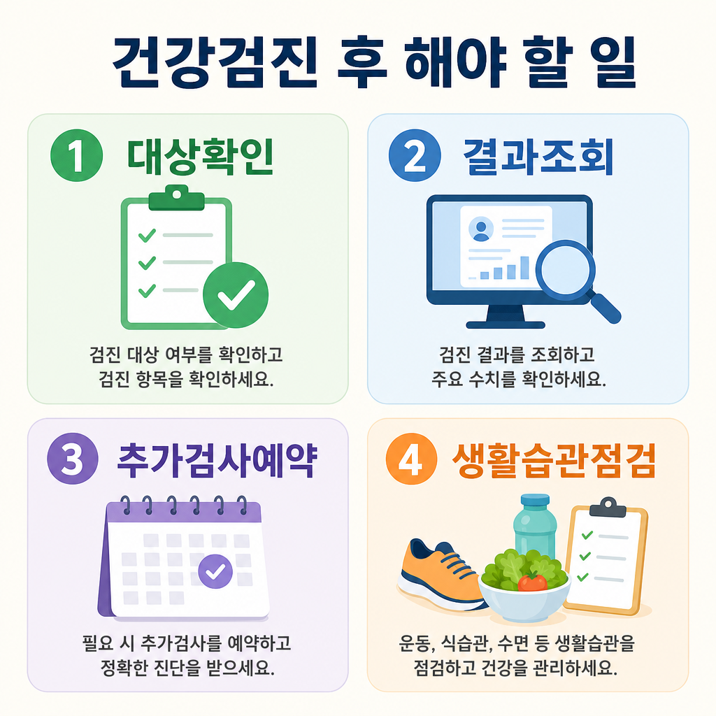 파스텔 배경, 둥근 패널 4개, 짧은 한글 제목 ‘검진 후 다음 단계’, 1 대상자 확인 2 결과 조회 3 유소견 체크 4 추가진료 연결, 번호 배지, 가독성 높은 한국어 텍스트, 영문과 워터마크 없음
