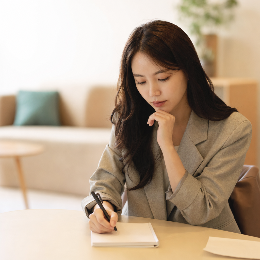 병원 상담 전 자주 묻는 질문을 떠올리는 직장인의 고민 장면