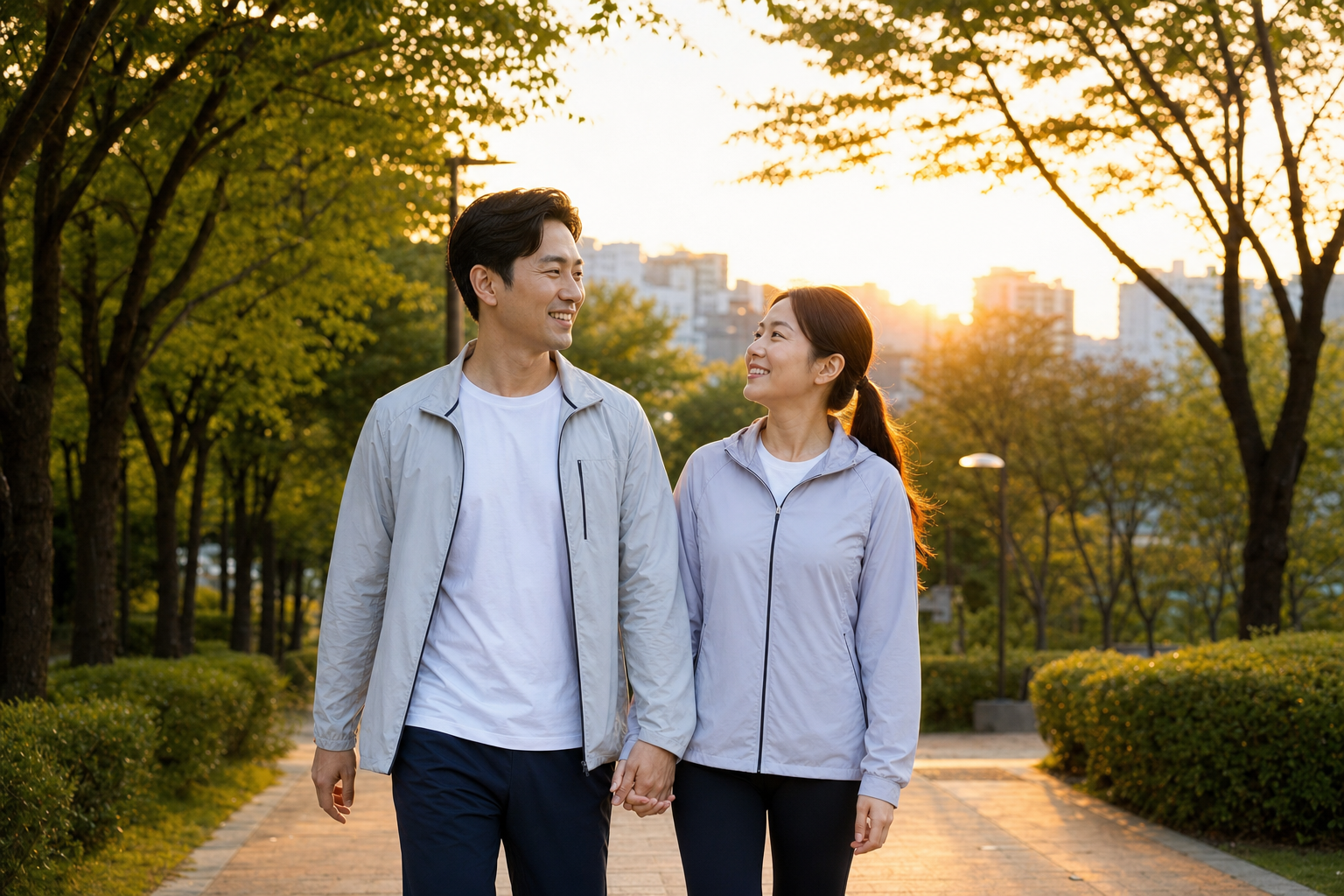 건강한 일상을 위해 산책하는 도시 직장인 부부의 저녁 장면