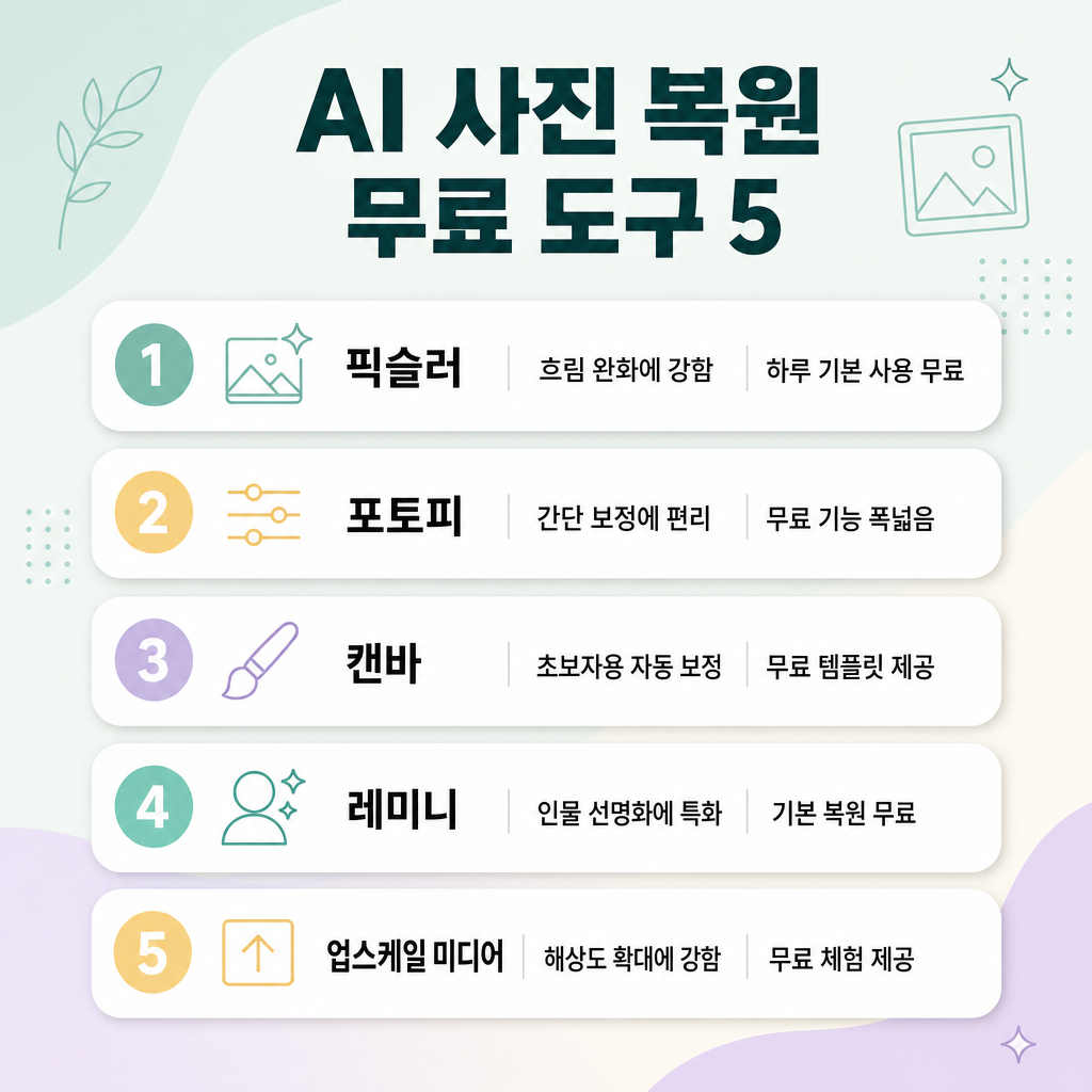 AI 사진 복원 무료 도구 5가지를 한눈에 비교한 인포그래픽