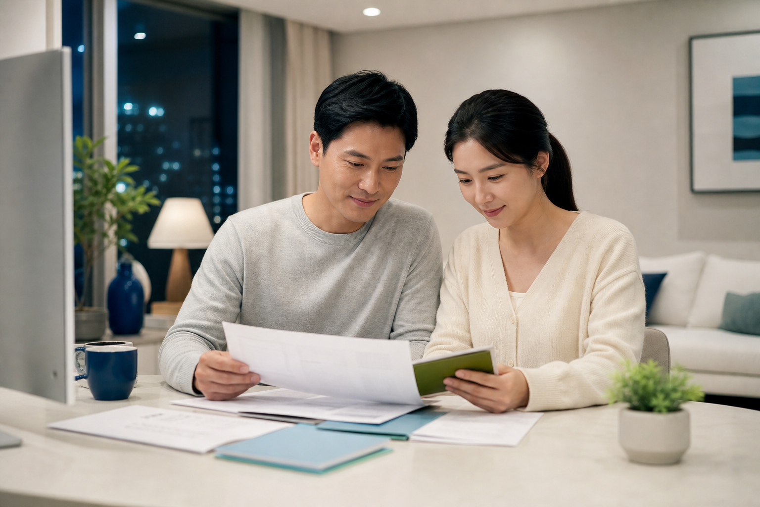 자녀 통장 개설을 준비하는 부모와 은행 서류 장면