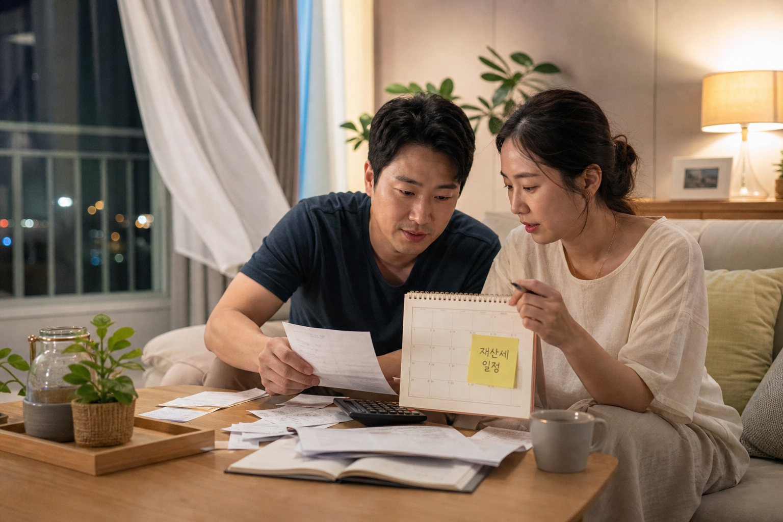 여름 저녁 거실에서 부부가 재산세 일정 메모를 확인하는 장면