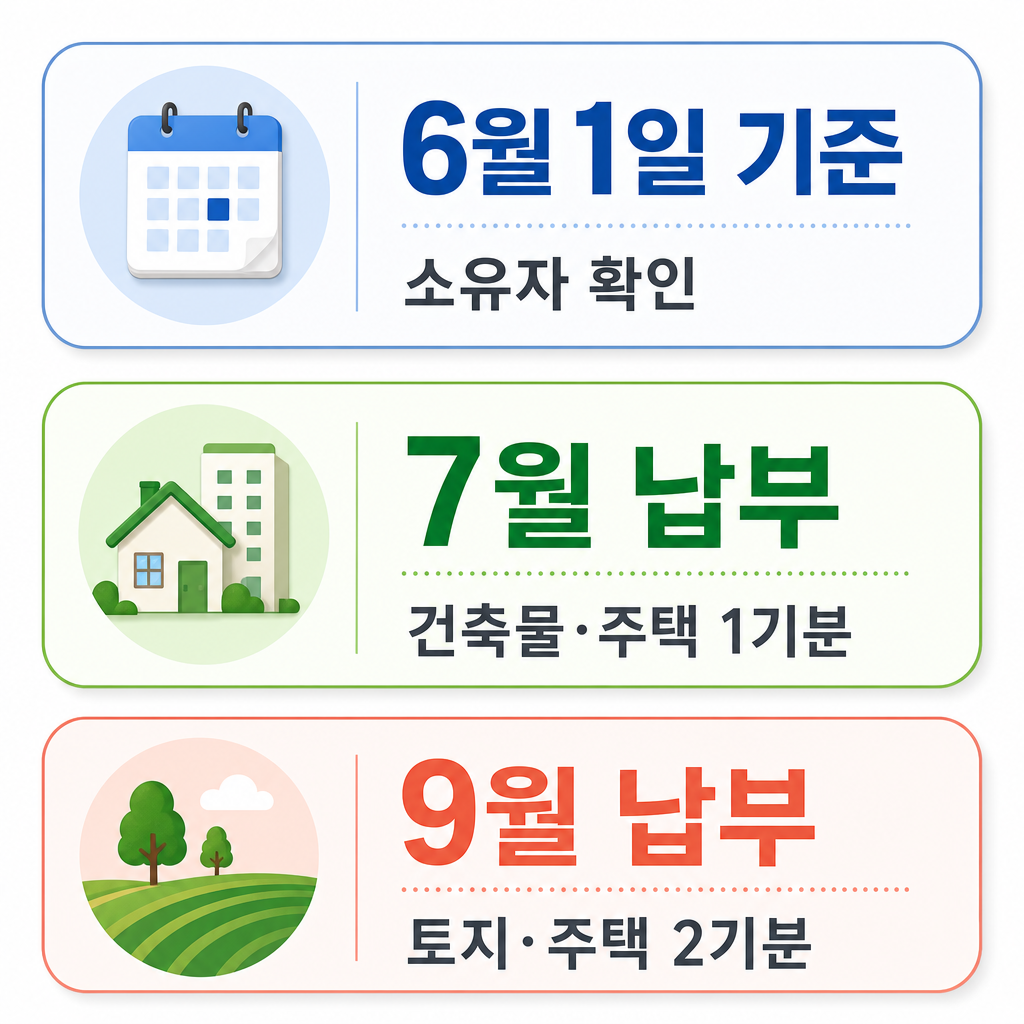 재산세 일정과 기준일을 3단 카드로 보여주는 한글 인포그래픽