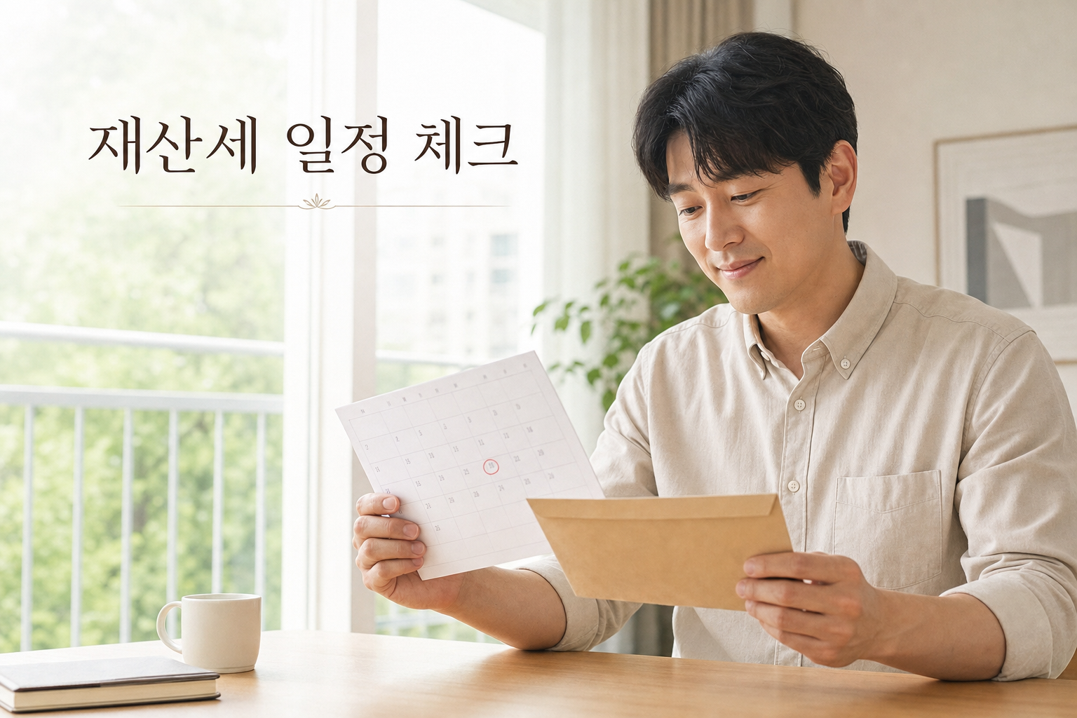 여름 아침 창가에서 재산세 일정 체크를 마친 뒤 안도하는 결론 장면