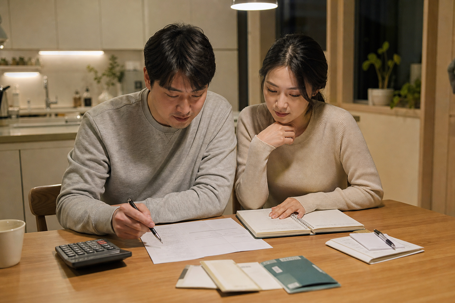월급날 밤 식탁에서 부부가 가계부와 자동이체 계획을 보는 장면