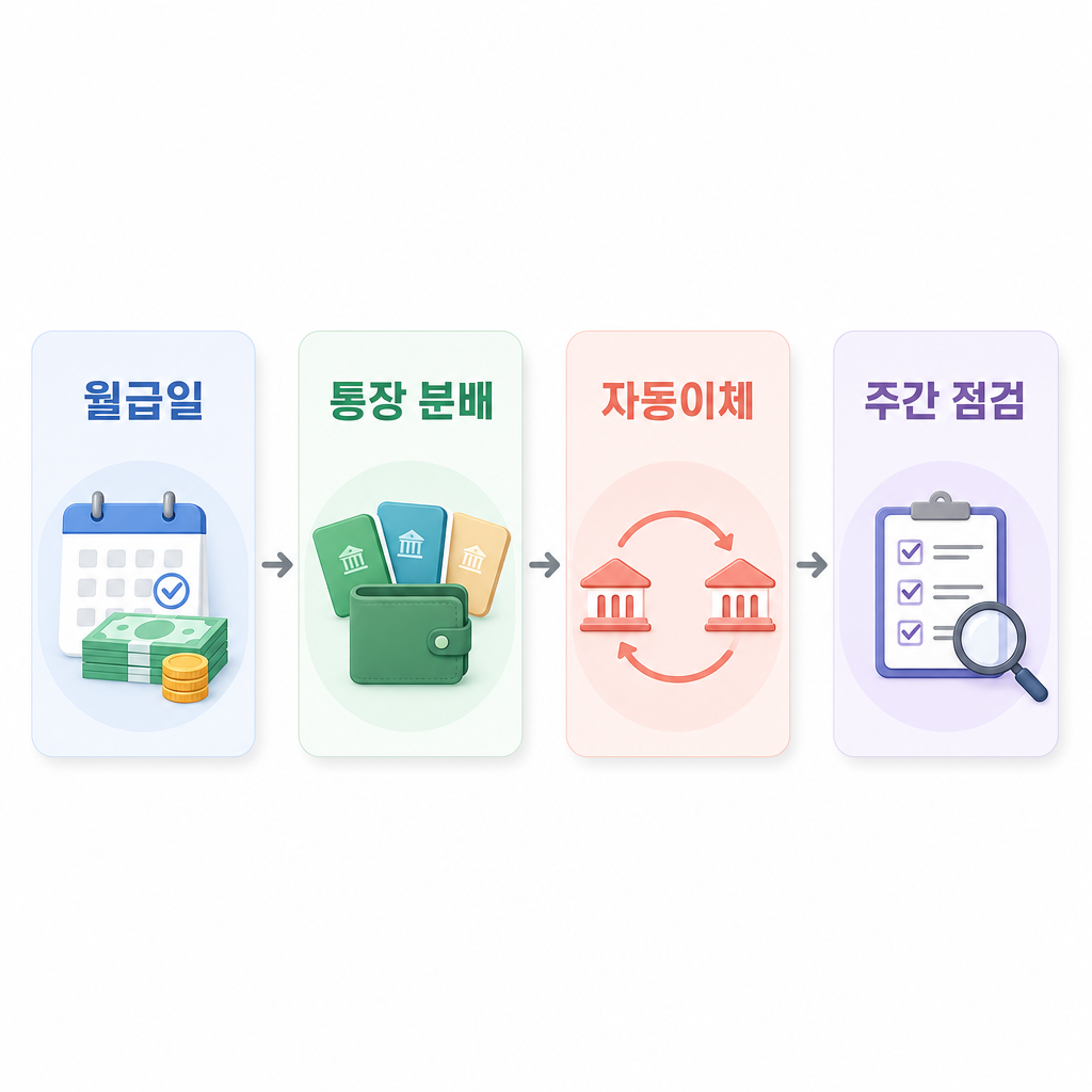 월급일 분배에서 자동이체 설정까지 4단계를 보여주는 프로세스 이미지