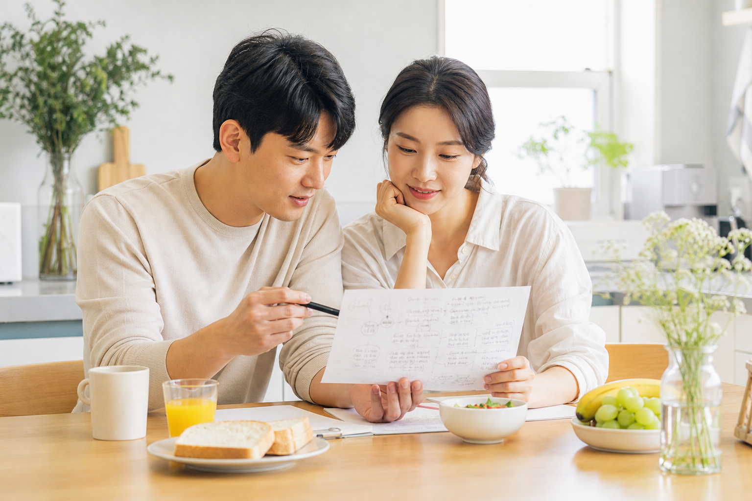 차분한 아침 식탁에서 미래 저축 계획을 다시 보는 맞벌이 부부의 결론 장면