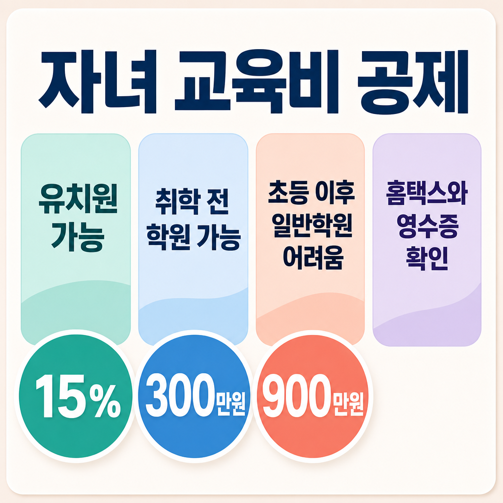 자녀 교육비 공제 핵심 기준을 4개 패널로 정리한 다색 한글 인포그래픽