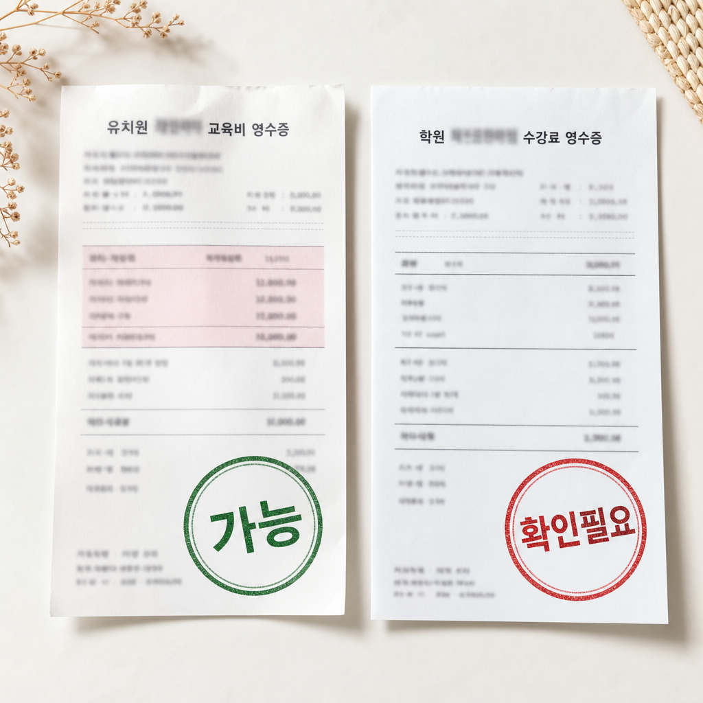 유치원비 영수증과 학원비 영수증을 나란히 놓고 공제 가능 여부를 비교하는 예시 이미지