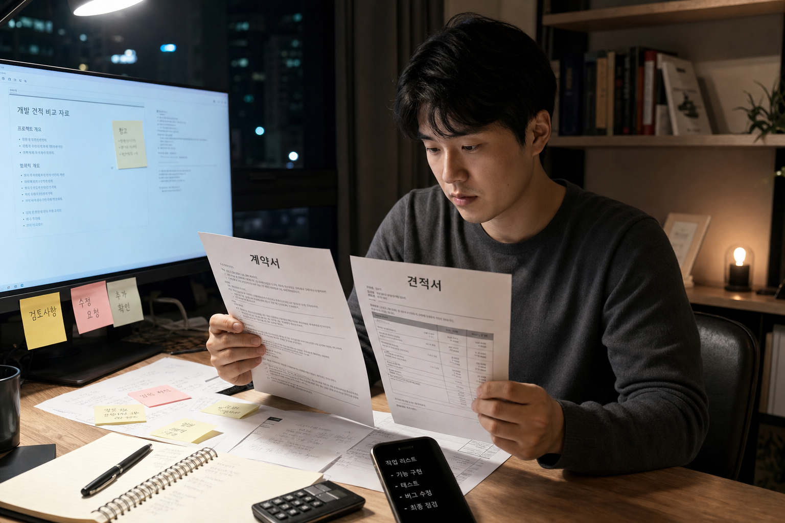 야간 책상에서 계약서와 견적서를 보며 세금 항목을 확인하는 장면