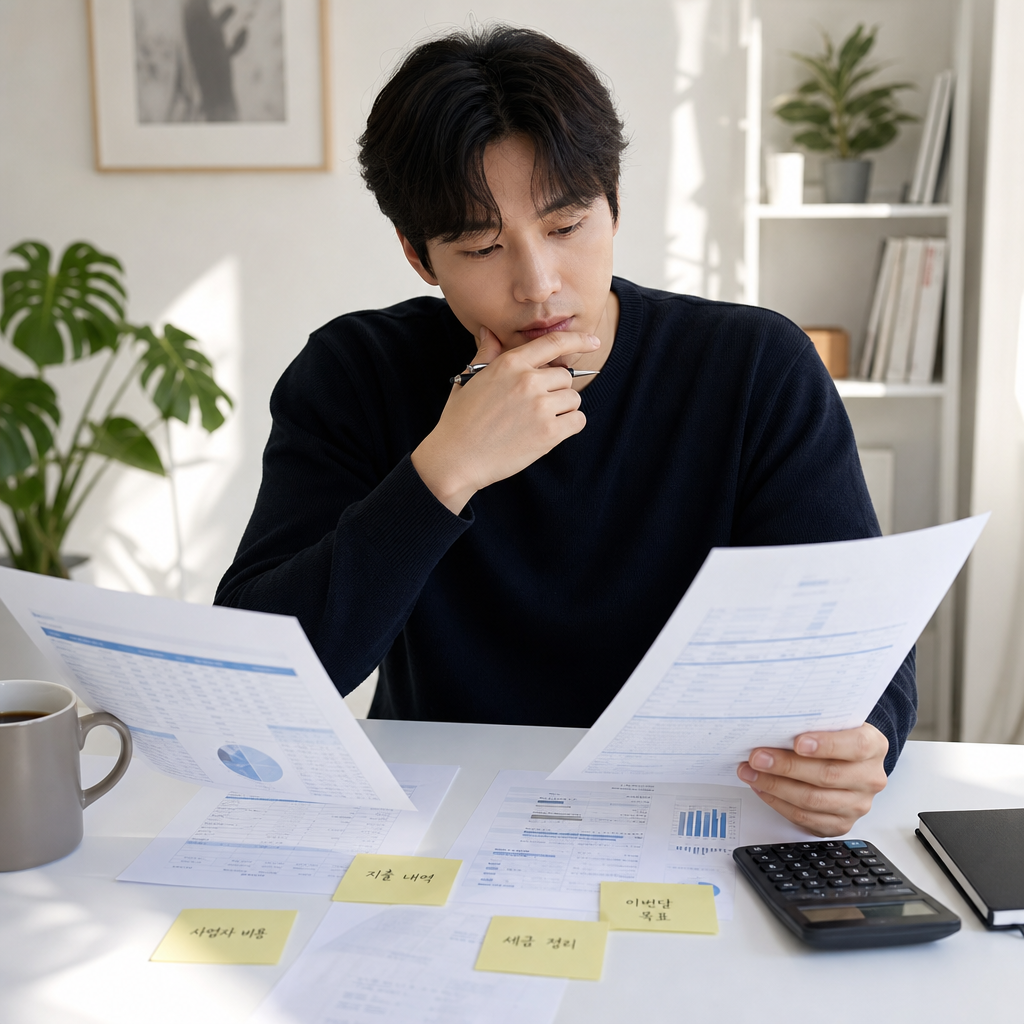 공급가액과 실제 입금액 차이를 계산하며 잠시 멈춘 프리랜서의 현실적인 책상 장면