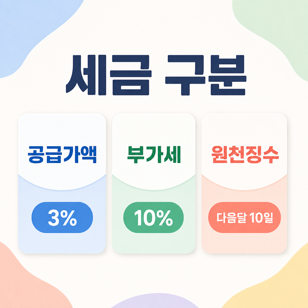 공급가액 부가세 원천징수 세 항목을 한눈에 보여주는 다색 인포그래픽