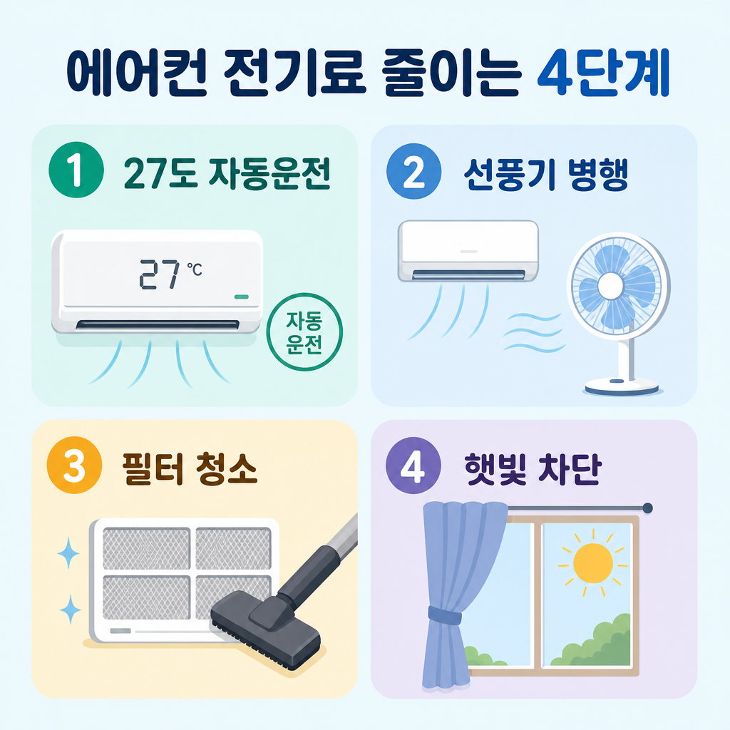 인포그래픽 - 에어컨 전기료 절약 핵심 4단계 요약