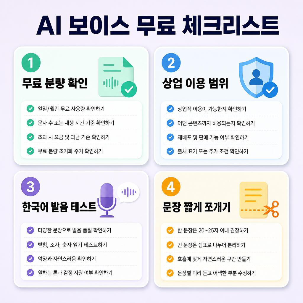 파스텔 배경, 둥근 패널 4개, 짧은 한글 제목 ‘AI 보이스 무료 체크리스트’, 번호 배지 1~4, 내용은 ‘무료 분량 확인’, ‘상업 이용 범위’, ‘한국어 발음 테스트’, ‘문장 짧게 쪼개기’, 가독성 높은 한국어 텍스트, 영문과 워터마크 없음