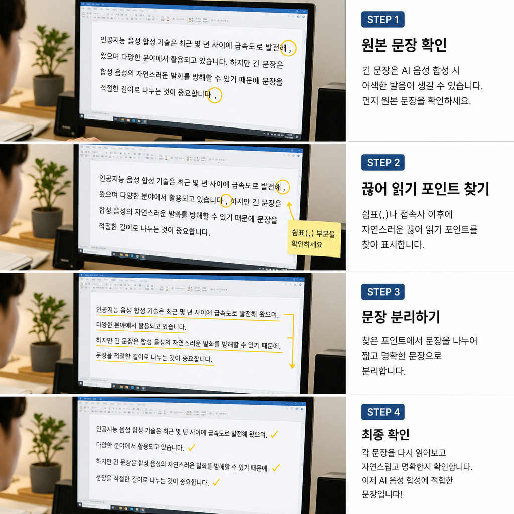 대본을 짧게 끊어 입력하는 과정을 보여주는 장면