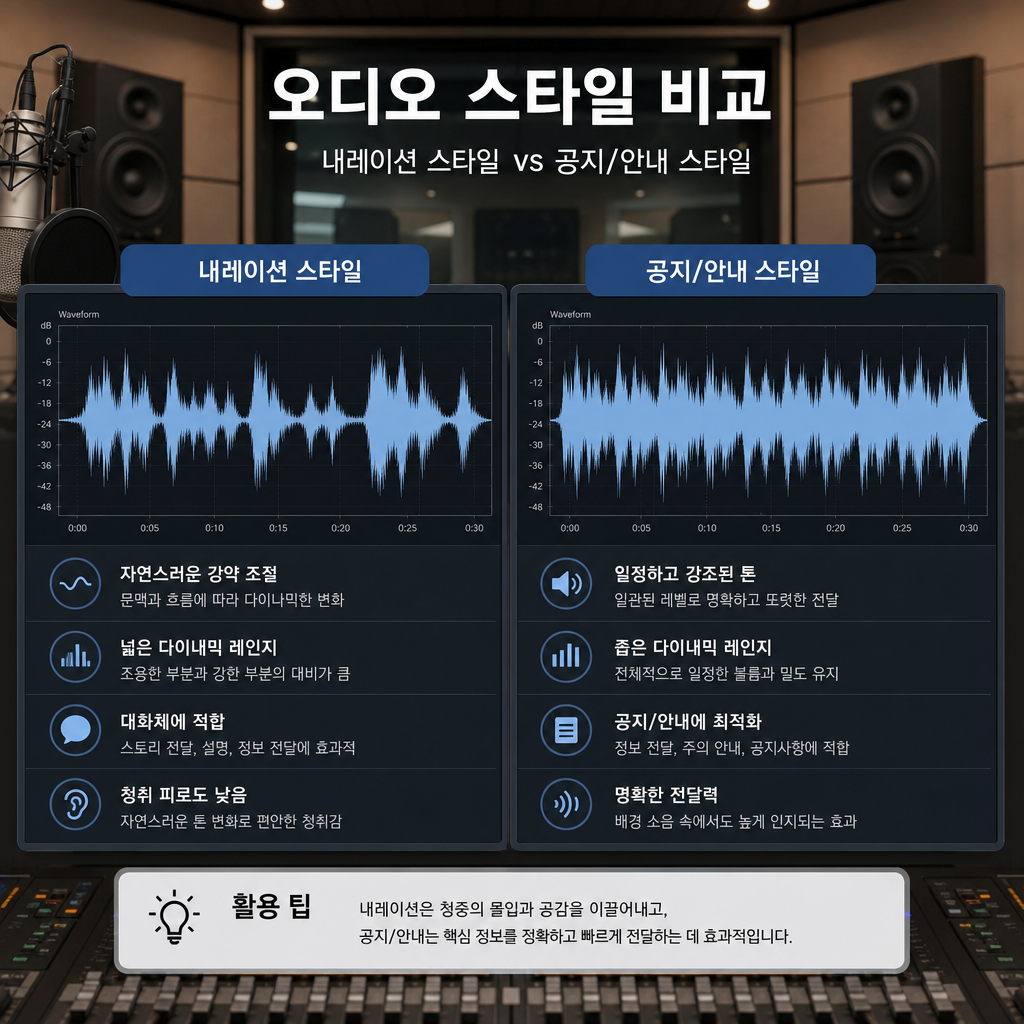 유튜브 내레이션과 안내 음성 두 가지 예시를 비교하는 화면