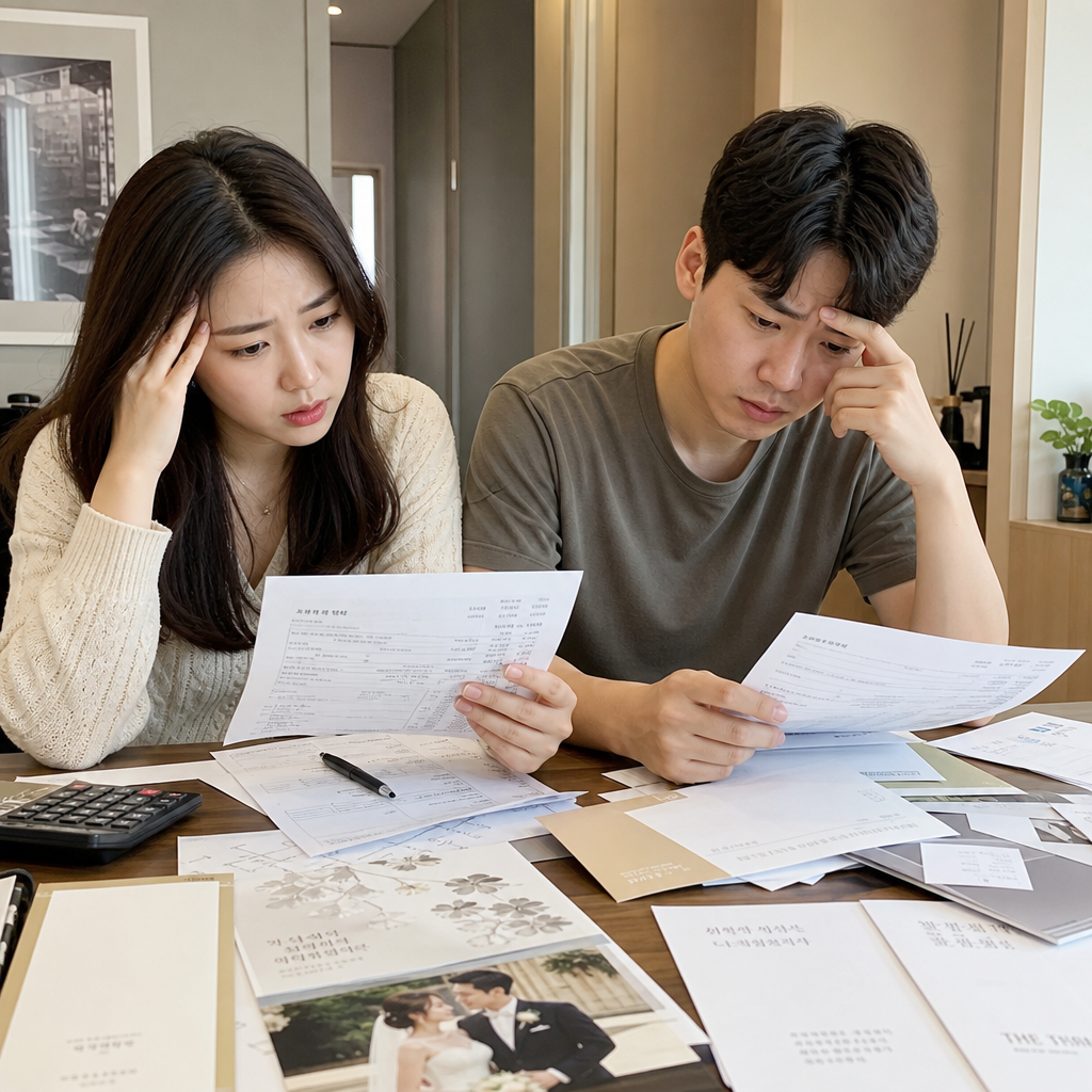 서류가 많아 헷갈리는 예비부부의 책상 풍경