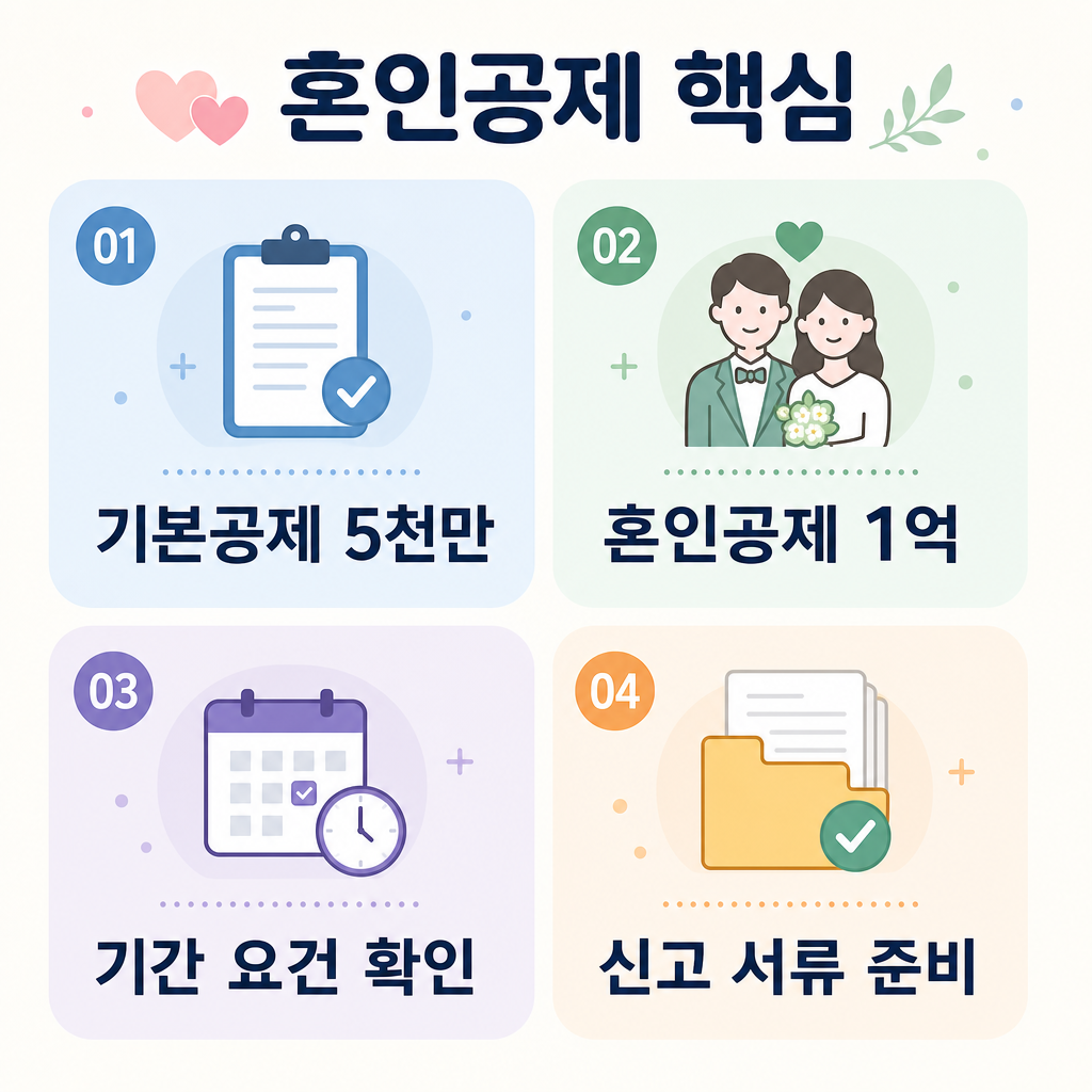 파스텔 배경, 둥근 패널 4개, 짧은 한글 제목으로 구성된 결혼자금 증여 공제 인포그래픽. 패널1 '기본공제 5천만', 패널2 '혼인공제 1억', 패널3 '기간 요건 확인', 패널4 '신고 서류 준비'. 번호 배지 포함, 가독성 높은 한국어 텍스트, 영문과 워터마크 없음