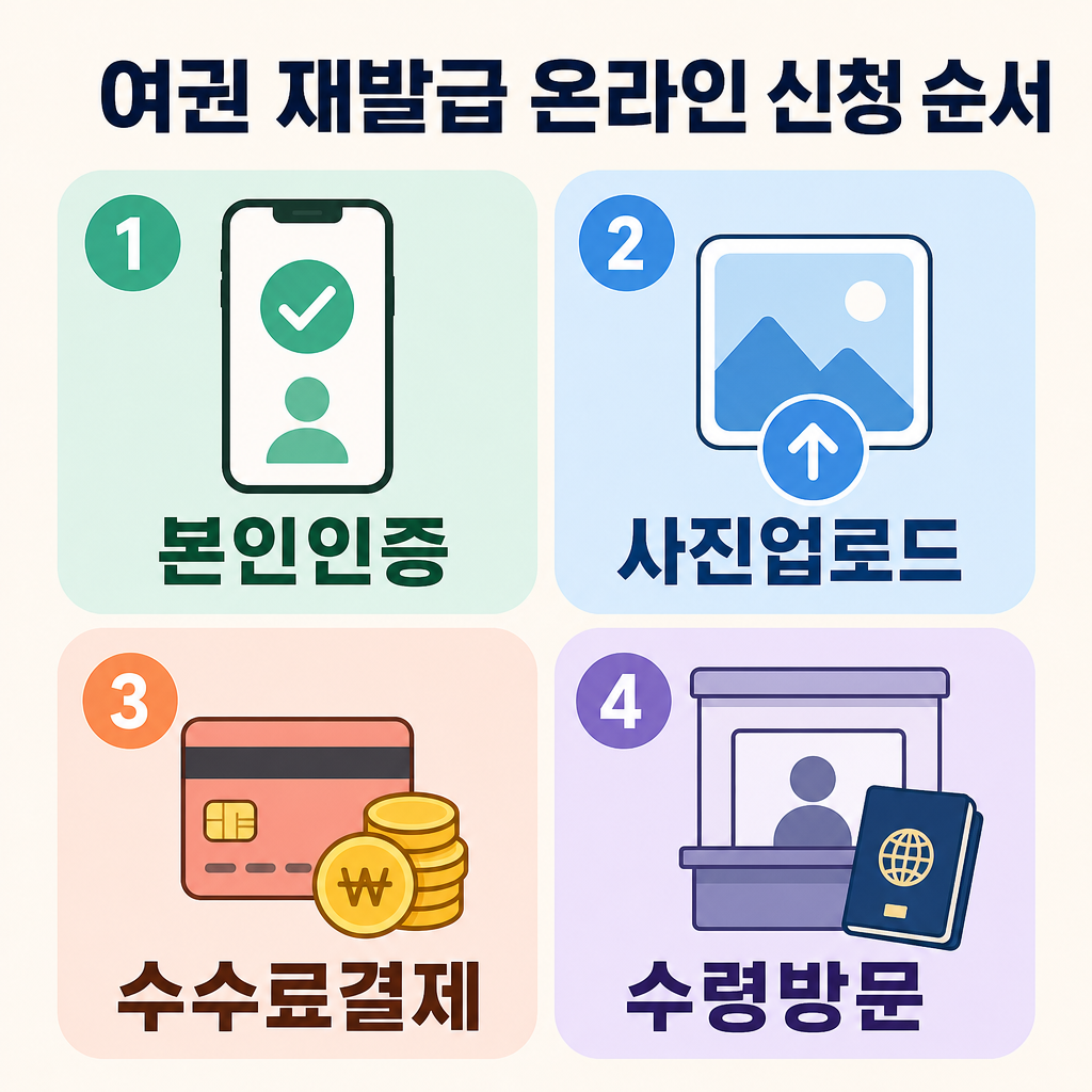 파스텔 배경, 둥근 패널 4개, 한글 제목 '여권 재발급 온라인 신청 순서', 1 본인인증 2 사진업로드 3 수수료결제 4 수령방문, 번호 배지 강조, 가독성 높은 한국어, 영문 없음, 워터마크 없음
