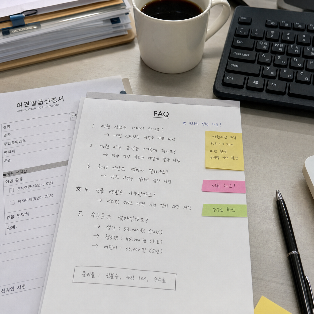 여권 신청 FAQ 메모와 커피잔이 놓인 현실적인 사무실 책상